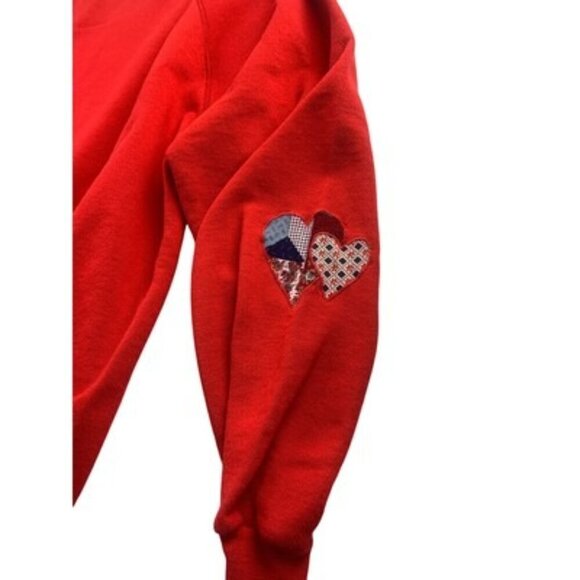 Hanes Red Sweatshirt X-Large With Denim Heart Pocket & Patchwork Appliqué - Picture 4 of 6